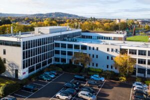 Aerial view of BizSpace Gloucester Corinium House office property and car park