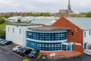 Aerial view of the BizSpace Preston office property and car park