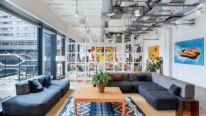 Lounge area at WeWork's 1 St Katharines Way building in Southwark