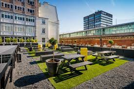 External seating area at Bruntwood's Cotton House office building on Old Hall Street in Liverpool
