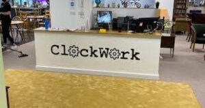 The reception desk at the ClockWork Coworking space on Edge Street in Manchester