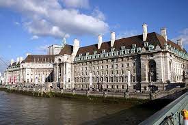 An exterior shot of Convene, County Hall, Belvedere Road, Southbank, London SE1 7PB from across the River Thames