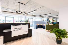 The welcome desk at the Kitt Bespoke Managed Office Space for Clarasys at Riverside House South Bank