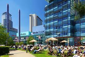 Outside seating in front of MediaCityUK Blue at Salford Quays