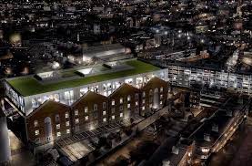 An aerial shot of the Guinness Enterprise Centre (GEC) in Dublin at night