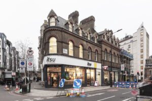 A shot of The Langham Estate, 244 Great Portland Street, London West End, W1W 5QX office property with retail below