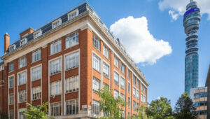 A shot of The Langham Estate, Threeways House, 40 Clipstone Street, London W1W 5NA on a sunny day with the BT Tower in the background