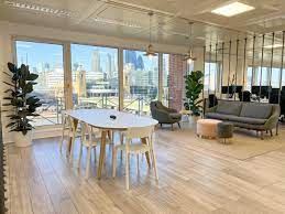 Internal sot of The Sandbox Workspace London Bridge - 46-48, Red Lion Court, Park St, London SE1 9EQ with large windows with views of the London skyline