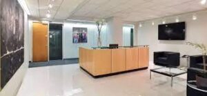 The reception area for the coworking office space at Bevmax Office Centers - 485 Madison Avenue, New York, NY, 10022