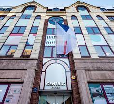 Shot looking up at the entrance and front elevation of the CERT - Centric House, 15-33 Moorfields, Liverpool L2 2BS commercial office property