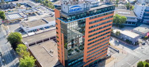 An aerial shot of the Sirius - Hanauer Landstrasse 328-330, 60314 Frankfurt am Main office tower also known as the First Choice Business Center