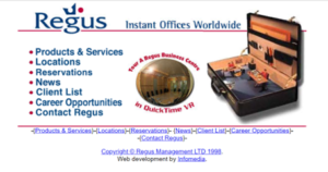 A screenshot of the first Regus website offering its 'Instant Offices Worldwide'