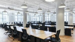 Corporate coworking desks at WeWork - 160 Varick Street, New York, NY 10013