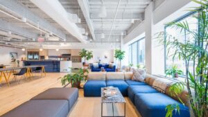 Open-plan coworking at WeWork - 199 Water Street, New York, NY 10038