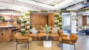 A coworking lounge at WeWork - 222 Broadway, 22nd Floor, New York, NY 10038