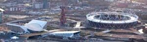Aerial view of Stratford showing the Olympic stadium and ArcelorMittal Orbit sculpture