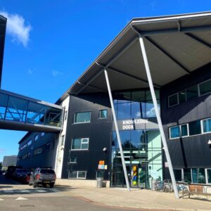 External shot of Knowledge Dock Business and Innovation Centre - 4-6 University Way, London E16 2RD taken on a sunny autumnal day.