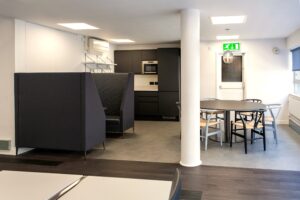 Kitchen area and collaboration booths at Metspace - Warwick Street, Soho, W1B 5NE