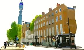 External view of the Silverstream House, 45 Fitzroy Street, Fitzrovia, London, W1T 6EB managed office building with the BT Tower in the background
