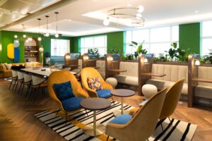 A coworking lounge at Flex by Grosvenor - 50 Grosvenor Hill, Mayfair, London W1K 3QT