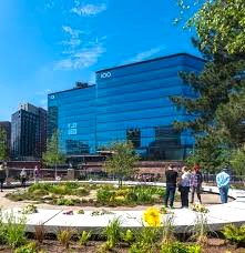 The landscaped area at x+why, 100 Embankment, Embankment East Tower, 100 Cathedral Approach, Manchester, M3 7FB