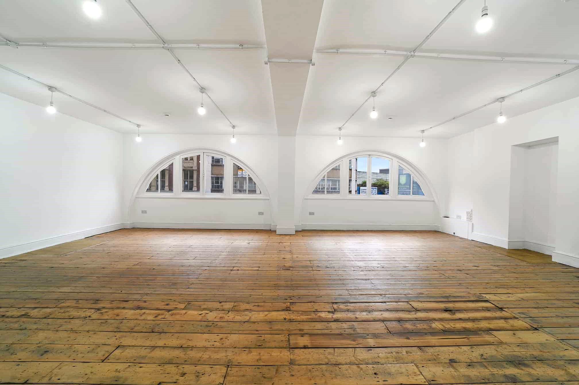Open plan office space with wooden floors at 5-7 Great Eastern Street, Shoreditch, London, EC2A 3EJ