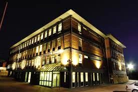 An office building on Manor Way in Borehamwood at night