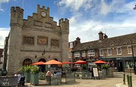 The 17th-century Horsham Town Hall. Horsham Town Hall in the Market Square on a sunny day