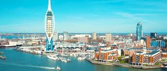 A view of the Portsmouth waterfront with Spinnaker Tower and Gunwharf Quays shopping centre