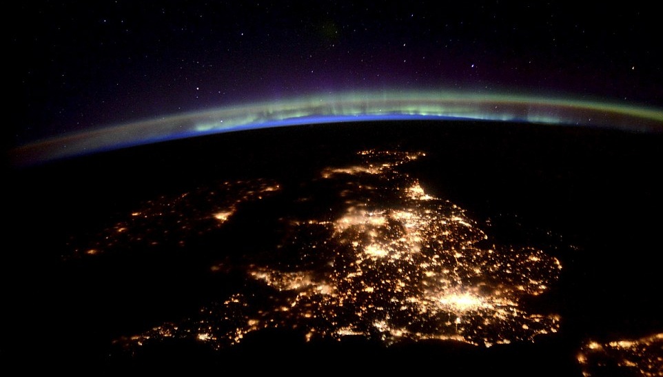 Image taken of the UK at night with cities and towns highlighted by lights by British astronaut Tim Peake on board the International Space Station in 2016 