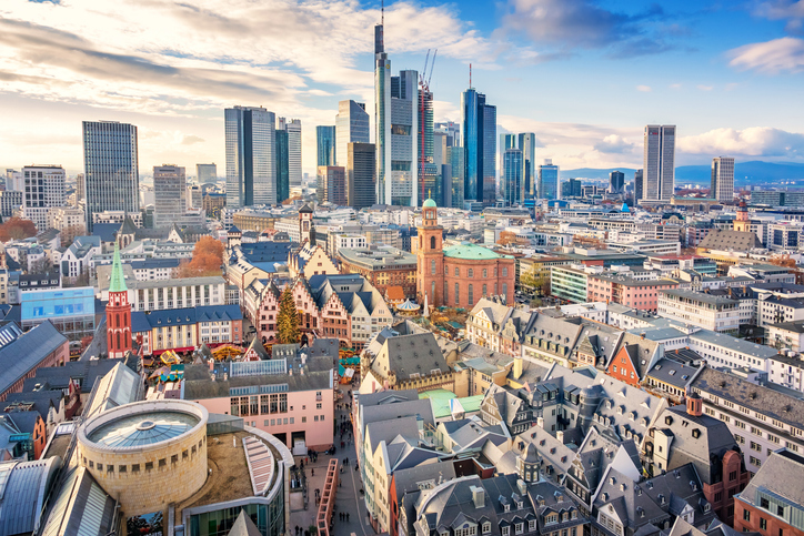 An aerial view of Frankfurt showing the old town and the new office skyscrapers