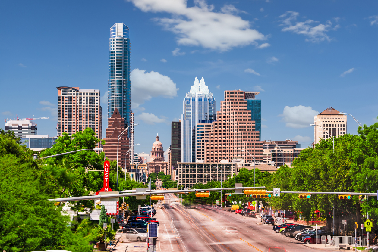 A cityscape including Congress Avenue in Downtown Austin in Texas