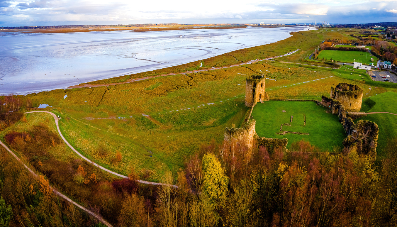 
An aerial view of ruins of Flint castle in Flintshire lying on the banks of the River Dee